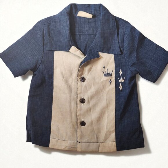 Retro Rockabilly Bowling Shirt – Ready Steady Go Kids – Blue & Light Tan - Picture 1 of 5